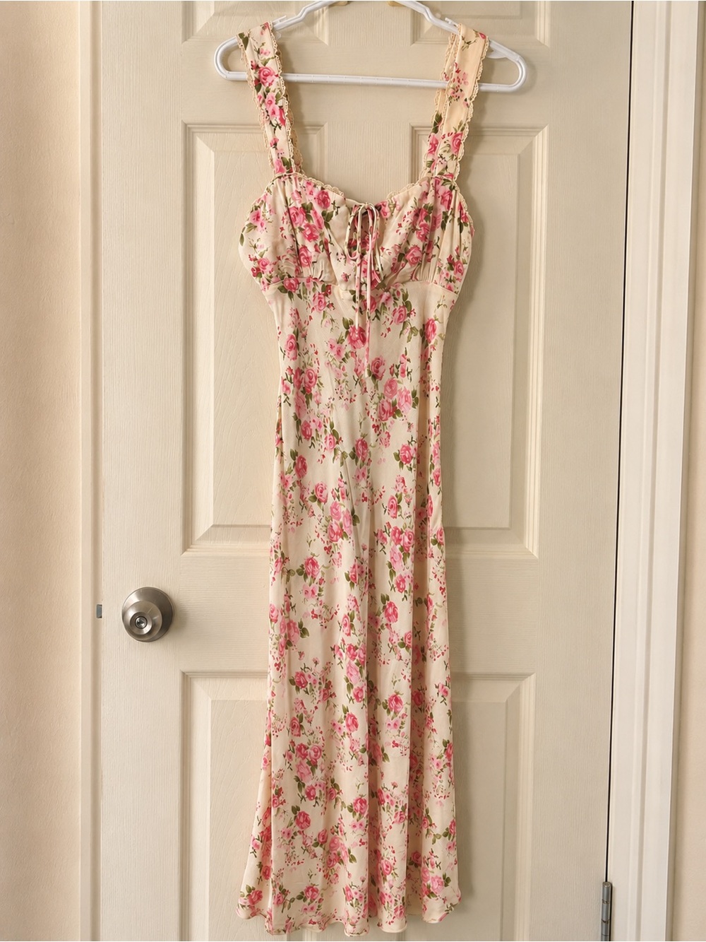 Mango Cream Maxi Dress with Pink Floral Print